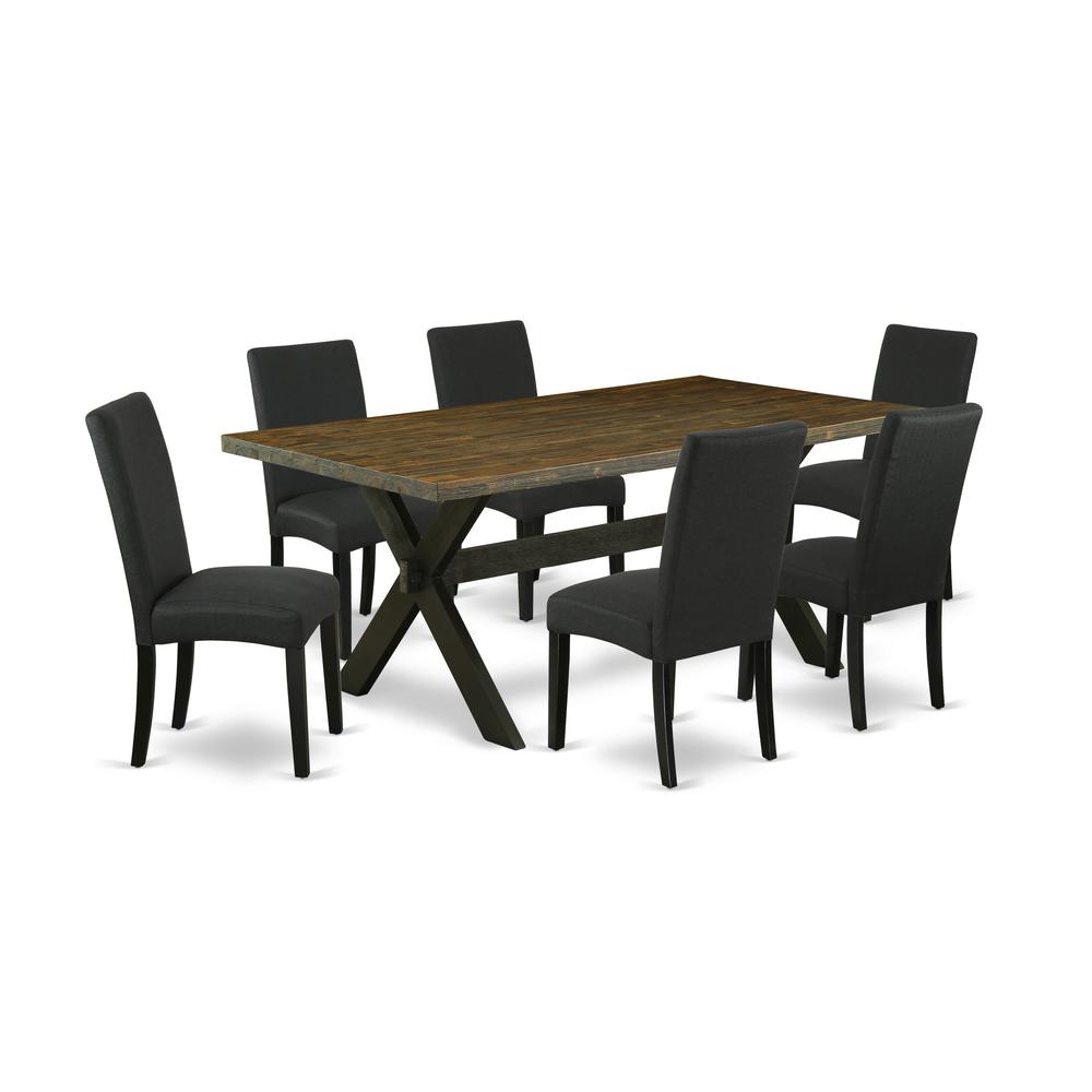 East West Furniture X677DR124-7 7-Pc Dining Room Set- 6 Parson Dining Chairs with Black Linen Fabric Seat and Stylish Chair Back - Rectangular Table Top & Wooden Cross Legs - Distressed Jacobean and B. Picture 1