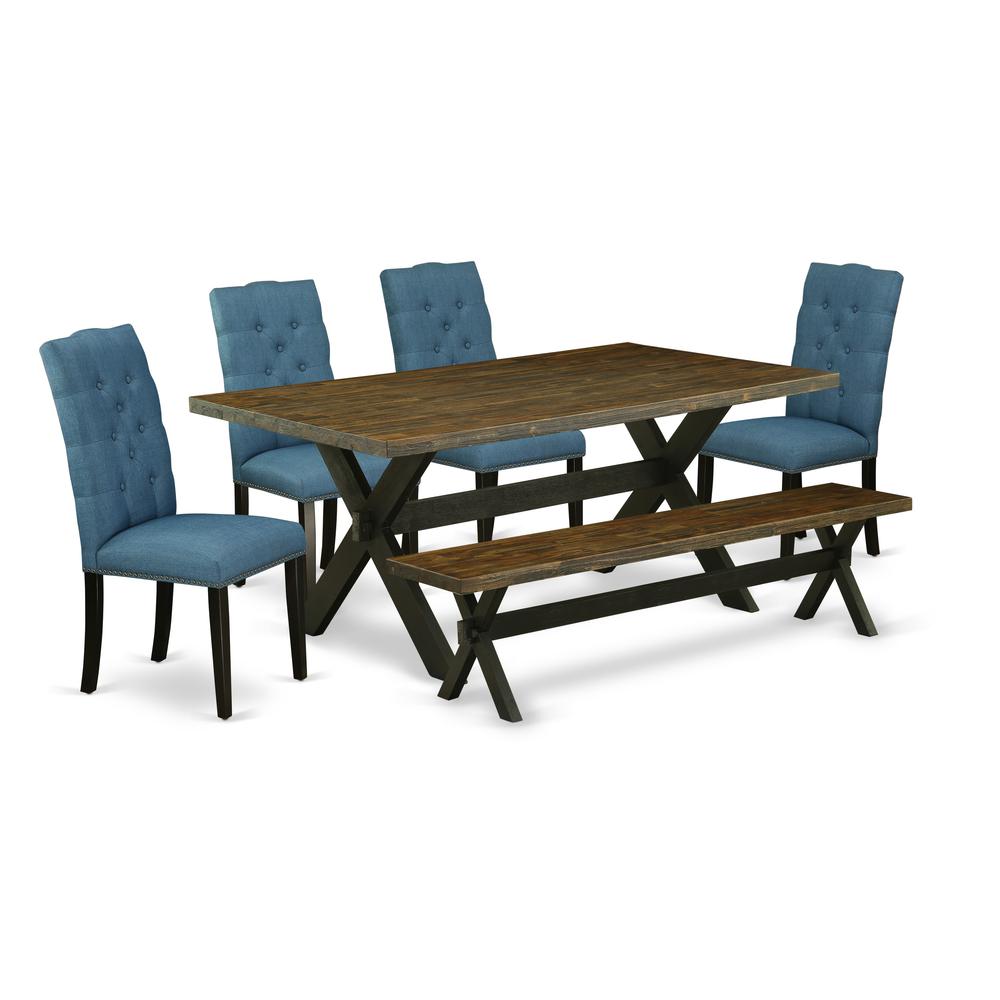 East West Furniture X677EL121-6 6-Piece Amazing Rectangular Dining Room Table Set a Superb Distressed Jacobean Modern Dining Table Top and Distressed Jacobean Dining Room Bench and 4 Wonderful Linen F. Picture 1