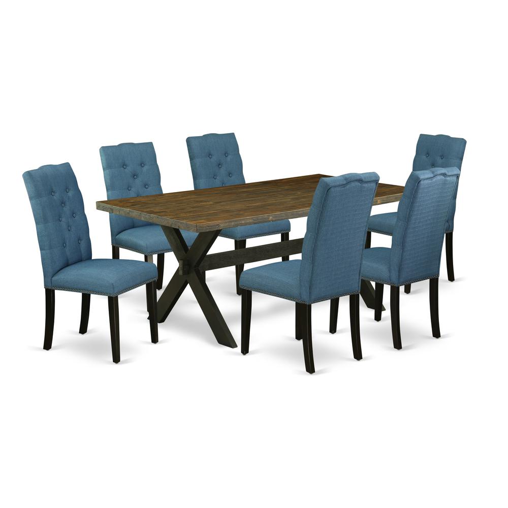 East West Furniture X677EL121-7 7-Piece Gorgeous Rectangular Dining Room Table Set a Superb Distressed Jacobean dining table Top and 6 Wonderful Linen Fabric Parson Dining Room Chairs with Nail Heads. Picture 1