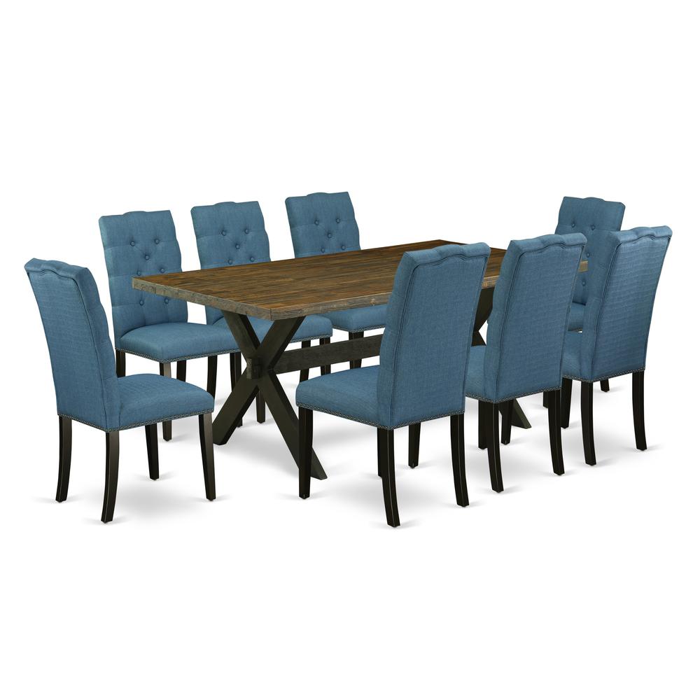 East West Furniture X677EL121-9 9-Piece Modern a Good Distressed Jacobean Wood Dining Table Top and 8 Stunning Linen Fabric Kitchen Chairs with Nail Heads and Button Tufted Chair Back, Wire Brushed Bl. Picture 1