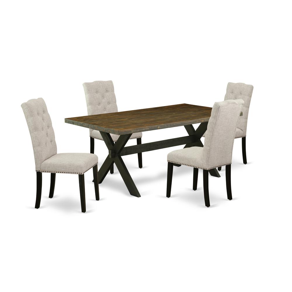 East West Furniture 5-Pc Mid Century Dining Table Set Included 4 Parson Dining room chairs Upholstered Seat and High Button Tufted Chair Back and Rectangular Table with Distressed Jacobean Dining Tabl. Picture 1