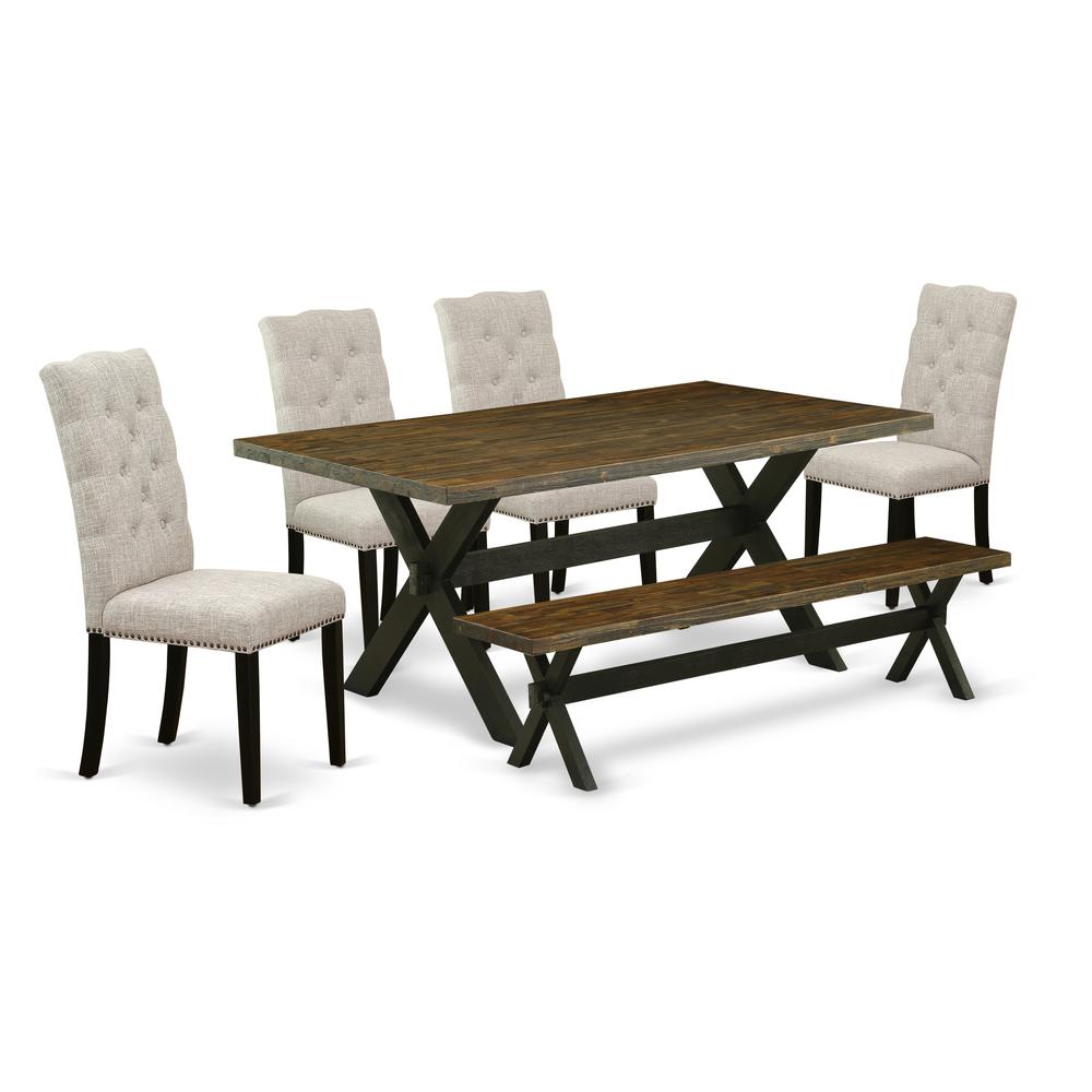 East West Furniture 6-Pc Wooden Dining Table Set-Doeskin Linen Fabric Seat and Button Tufted Chair Back Dining chairs, A Rectangular Bench and Rectangular Top Wood Dining Table with Hardwood Legs - Di. Picture 1