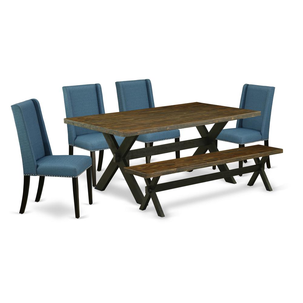 East West Furniture X677FL121-6 6-Piece Stylish Rectangular Table Set an Outstanding Distressed Jacobean Kitchen Rectangular Table Top and Distressed Jacobean Dining Bench and 4 Lovely Linen Fabric Di. Picture 1