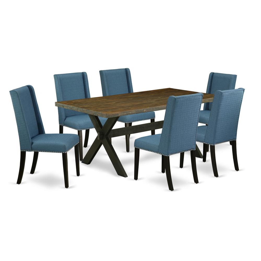 East West Furniture X677FL121-7 7-Piece Beautiful Dinette Set an Outstanding Distressed Jacobean Dining Table Top and 6 Awesome Linen Fabric Dining Chairs with Nail Heads and Stylish Chair Back, Wire. The main picture.