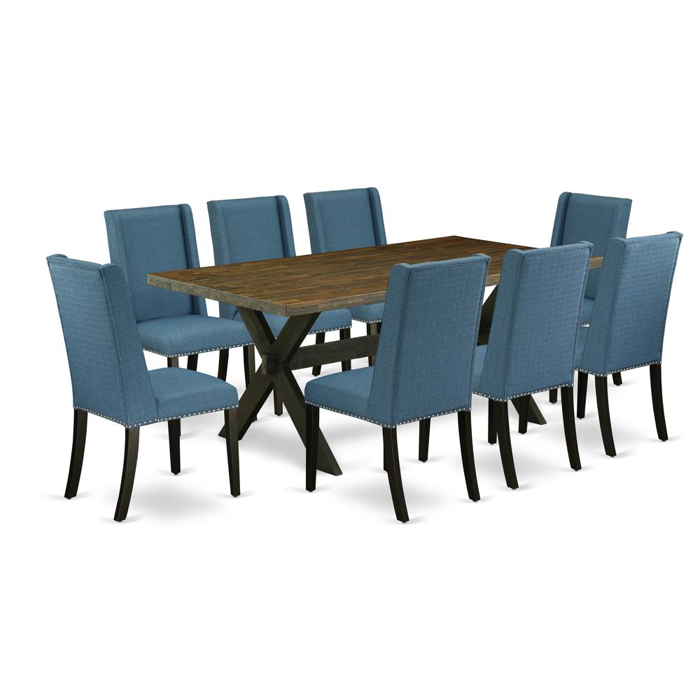 East West Furniture X677FL121-9 9-Piece Awesome Dining Table Set a Good Distressed Jacobean rectangular Table Top and 8 Awesome Linen Fabric Parson Dining Room Chairs with Nail Heads and Stylish Chair. Picture 1