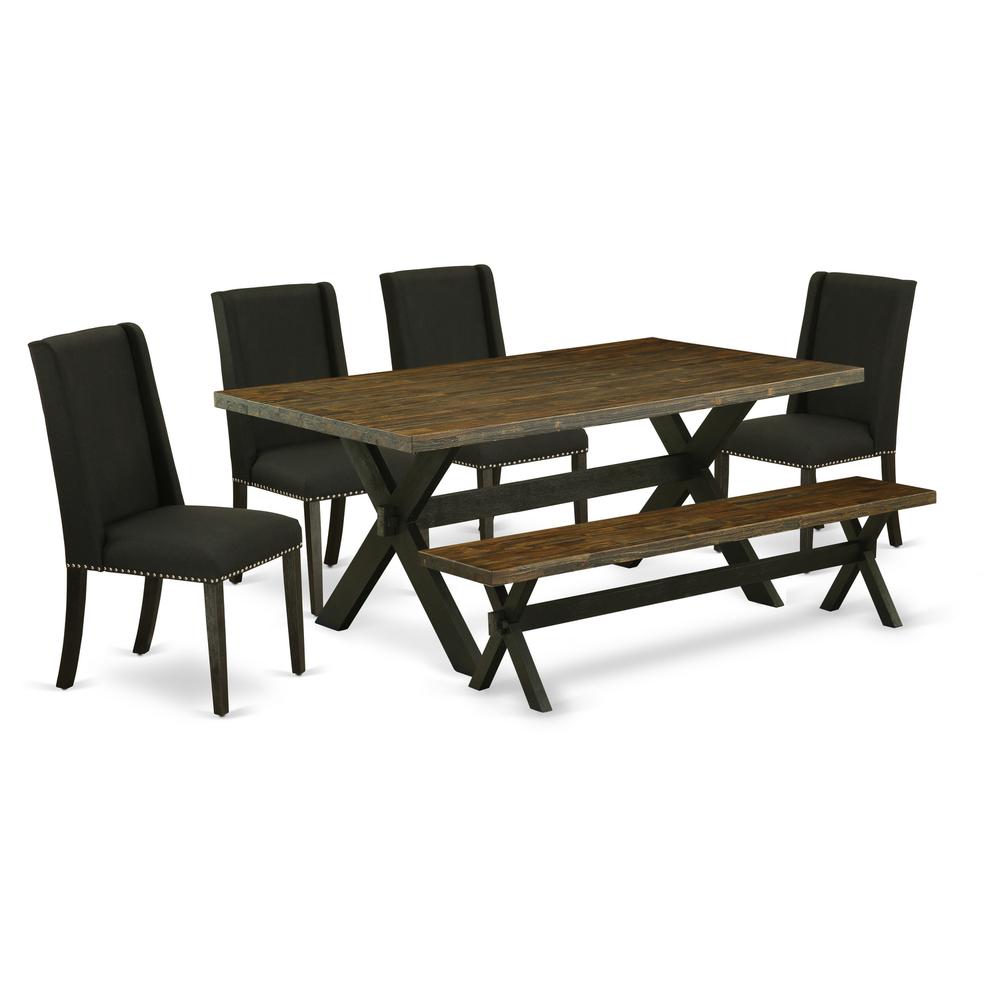 East West Furniture 6-Piece Mid Century Dining Table Set-Black Linen Fabric Seat and High Stylish Chair Back Parson Dining chairs, A Rectangular Bench and Rectangular Top Dining room Table with Wood L. Picture 1