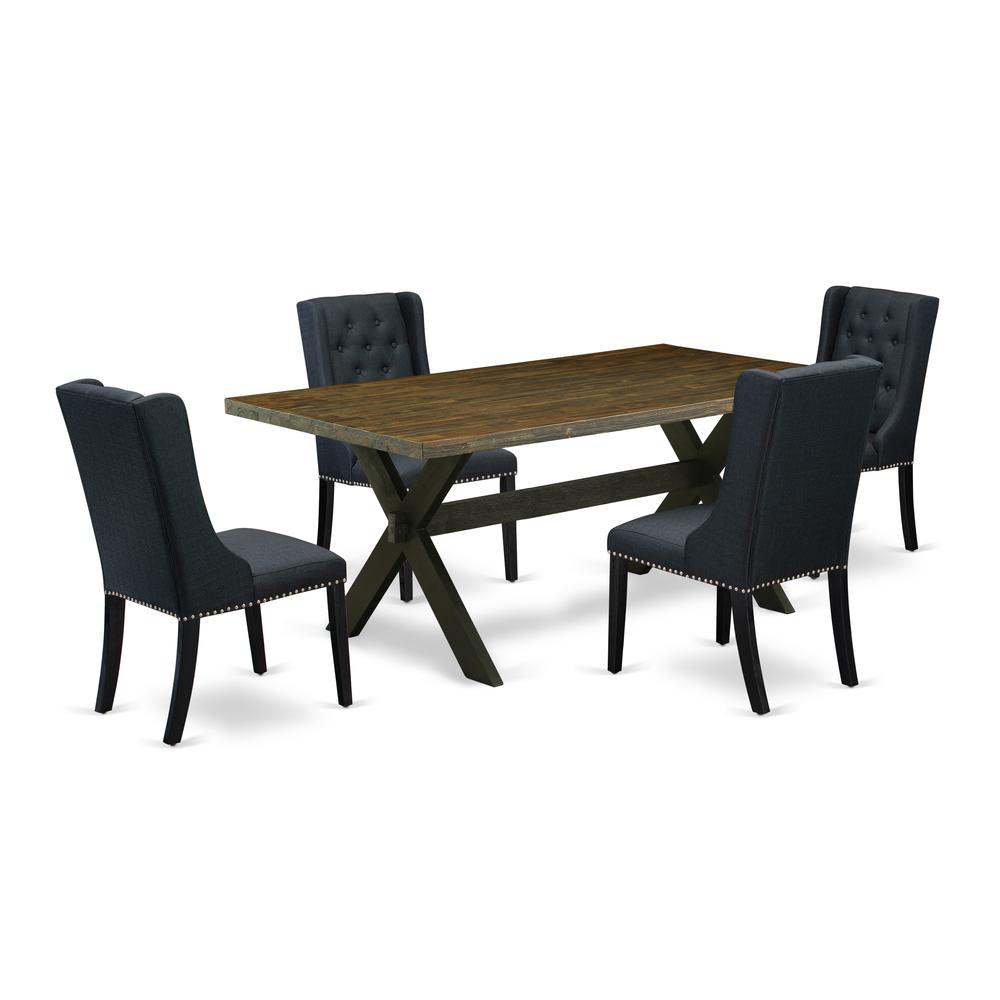 East West Furniture X677FO624-5 - 5 Piece Dining Table Set Consists of 4 Black Linen Fabric Dining Chairs with Nail heads and Distressed Jacobean Dining Table - Wire Brush Black Finish. Picture 1