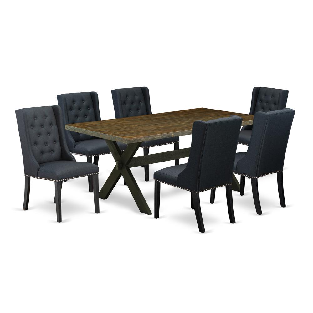 East West Furniture X677FO624-7 7 Pc Dining Table Set - 6 Black Linen Fabric Padded Chair Button Tufted with Nailheads and Distressed Jacobean Dinner Table - Wire Brush Black Finish. Picture 1