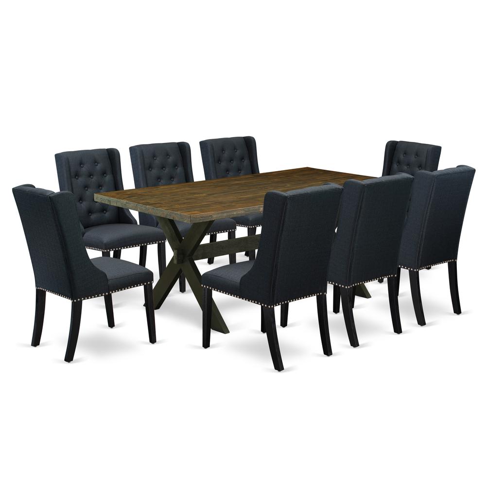 East West Furniture X677FO624-9 9 Piece Dining Set - 8 Black Linen Fabric Dining Chairs Button Tufted with Nail heads and Distressed Jacobean Wood Table - Wire Brush Black Finish. Picture 1