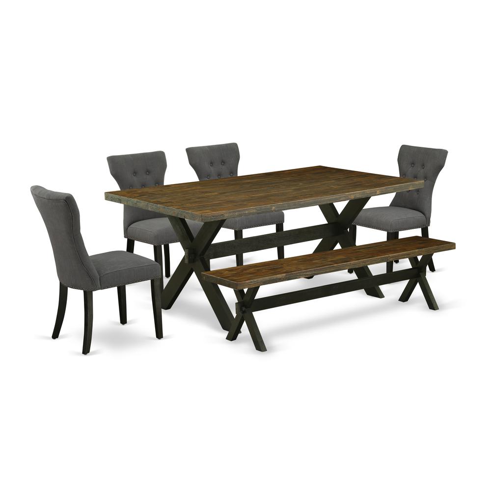 East West Furniture 6-Piece Mid Century Dining Table Set-Dark Gotham Grey Linen Fabric Seat and Button Tufted Chair Back Parson Dining chairs, A Rectangular Bench and Rectangular Top Wood Kitchen Tabl. Picture 1