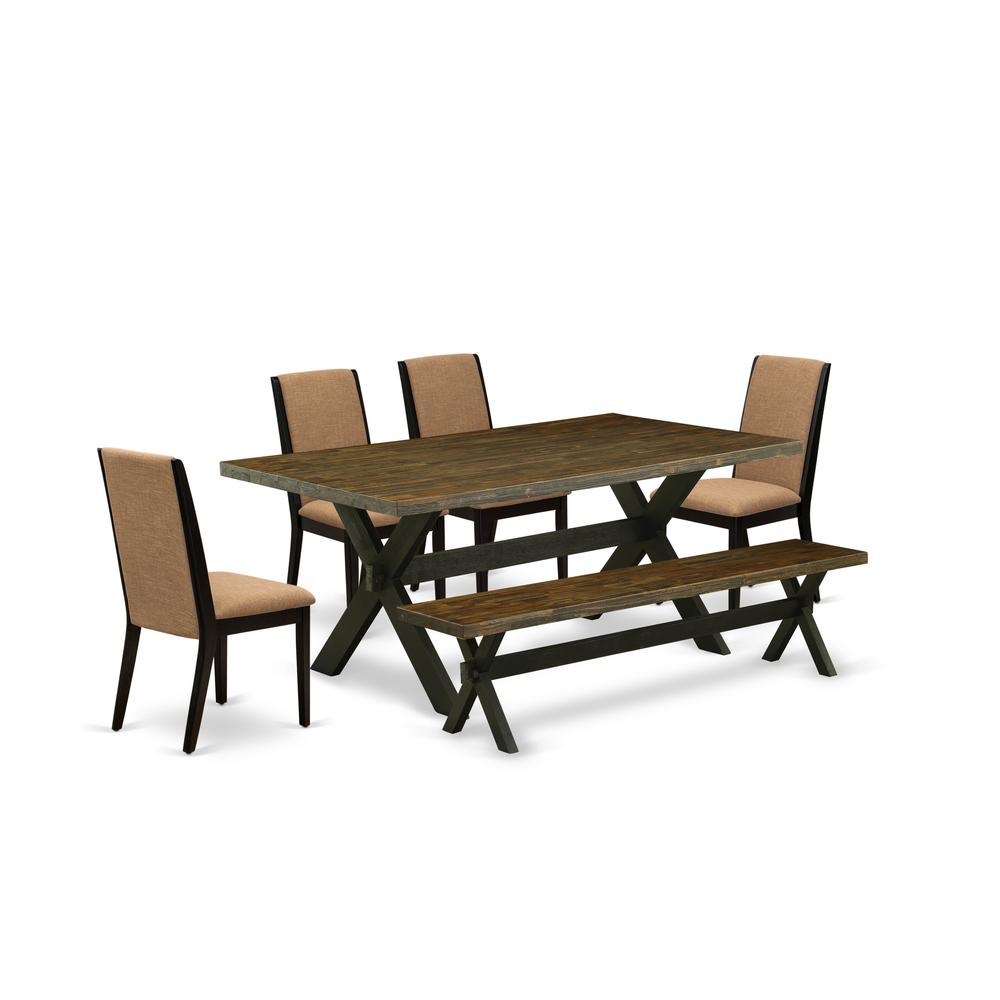 East West Furniture X677LA147-6 6-Piece Beautiful Dinette Set an Outstanding Distressed Jacobean Kitchen Table Top and Distressed Jacobean Indoor Bench and 4 Stunning Linen Fabric Dining Chairs with S. Picture 1
