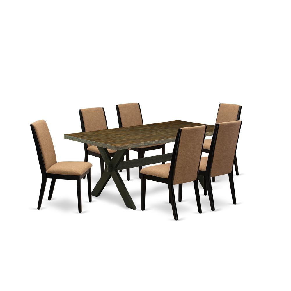 East West Furniture X677LA147-7 7-Piece Amazing Dining Room Set a Great Distressed Jacobean Kitchen Table Top and 6 Beautiful Linen Fabric Kitchen Chairs with Stylish Chair Back, Wire Brushed Black Fi. Picture 1