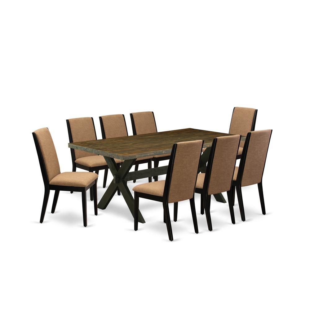 East West Furniture X677LA147-9 9-Piece Amazing Dining Set a Good Distressed Jacobean Wood Dining Table Top and 8 Gorgeous Linen Fabric Modern Dining Chairs with Stylish Chair Back, Wire Brushed Black. Picture 1
