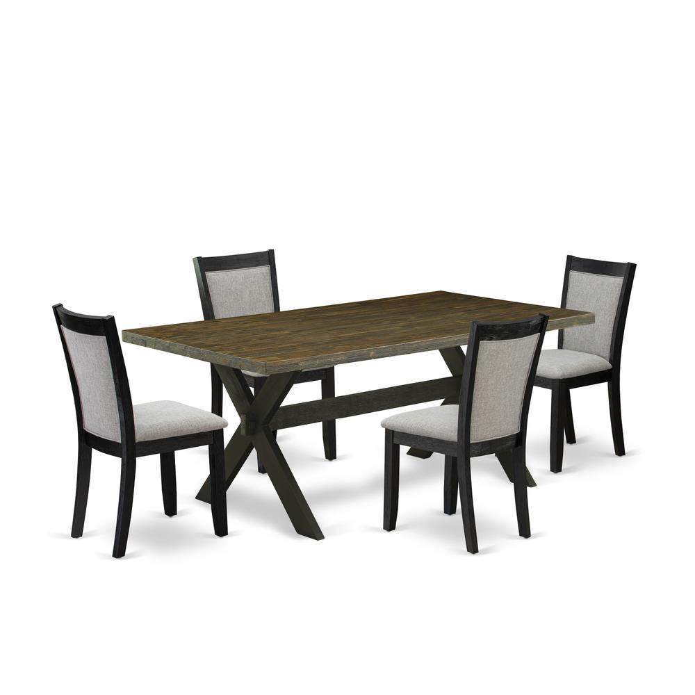 East West Furniture 5 Piece Dining Table Set - A Distressed Jacobean Top Modern Dining Room Table with Trestle Base and 4 Shitake Linen Fabric Kitchen Chairs - Wire Brushed Black Finish. Picture 2