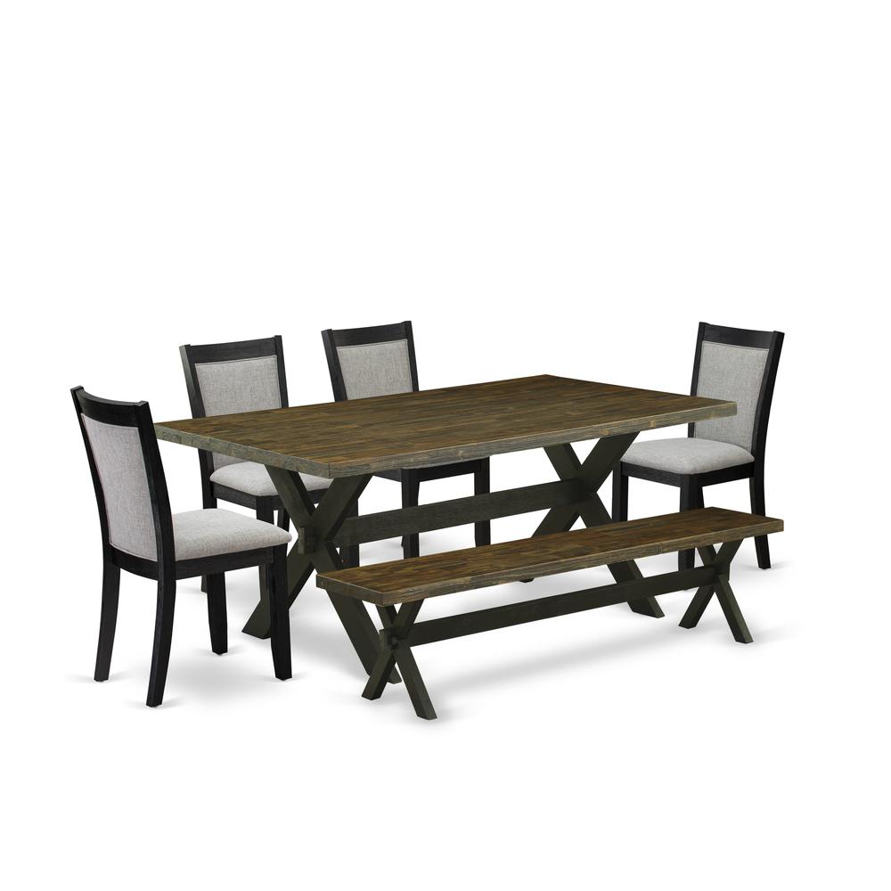East West Furniture 6 Pc Dinner Table Set - Distressed Jacobean Top Modern Dining Table with a Kitchen Bench and 4 Shitake Linen Fabric Upholstered Chairs - Wire Brushed Black Finish. Picture 2