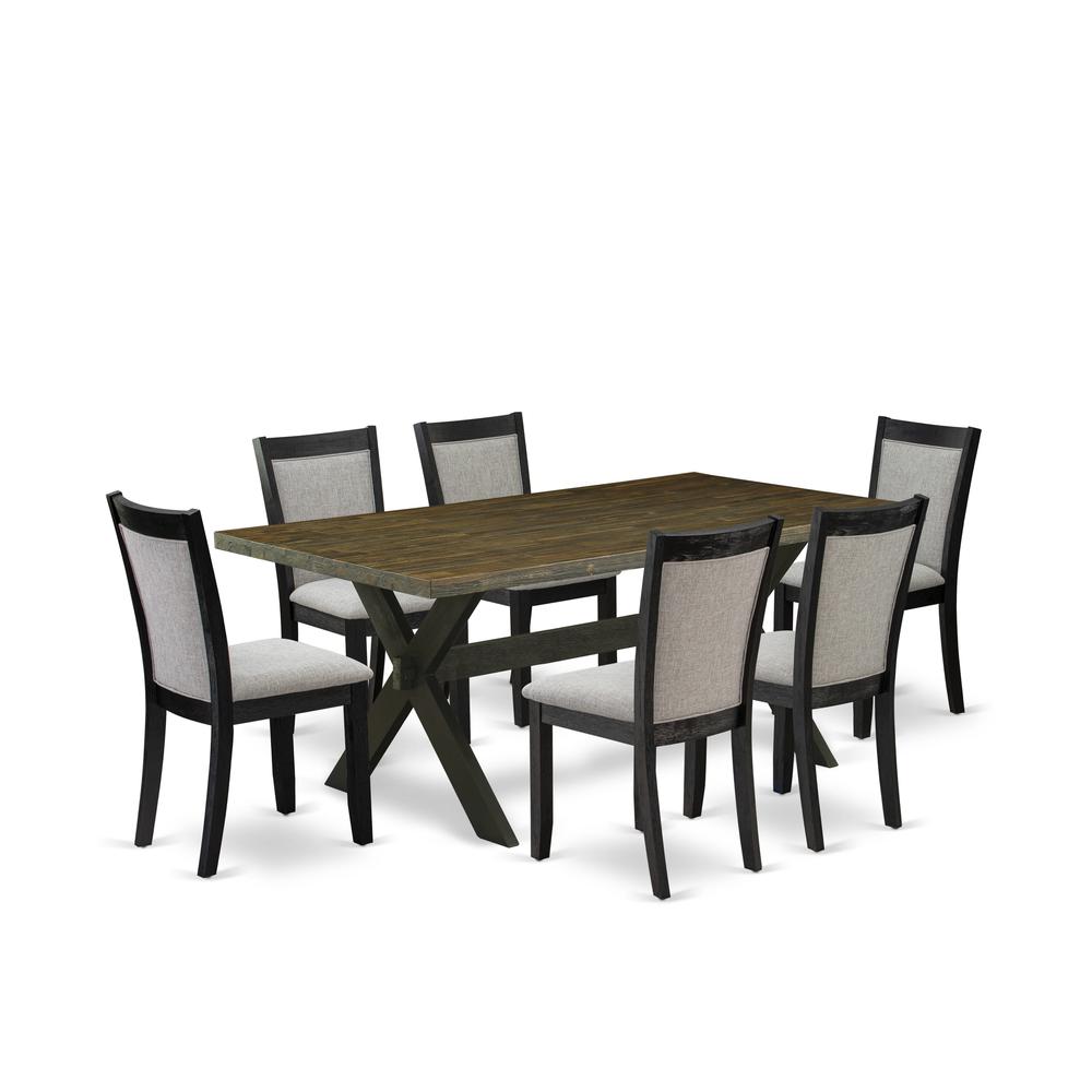 East West Furniture 7 Piece Dining Set - Distressed Jacobean Top Dinning Table with Trestle Base and 6 Shitake Linen Fabric Mid Century Dining Chairs - Wire Brushed Black Finish. Picture 2