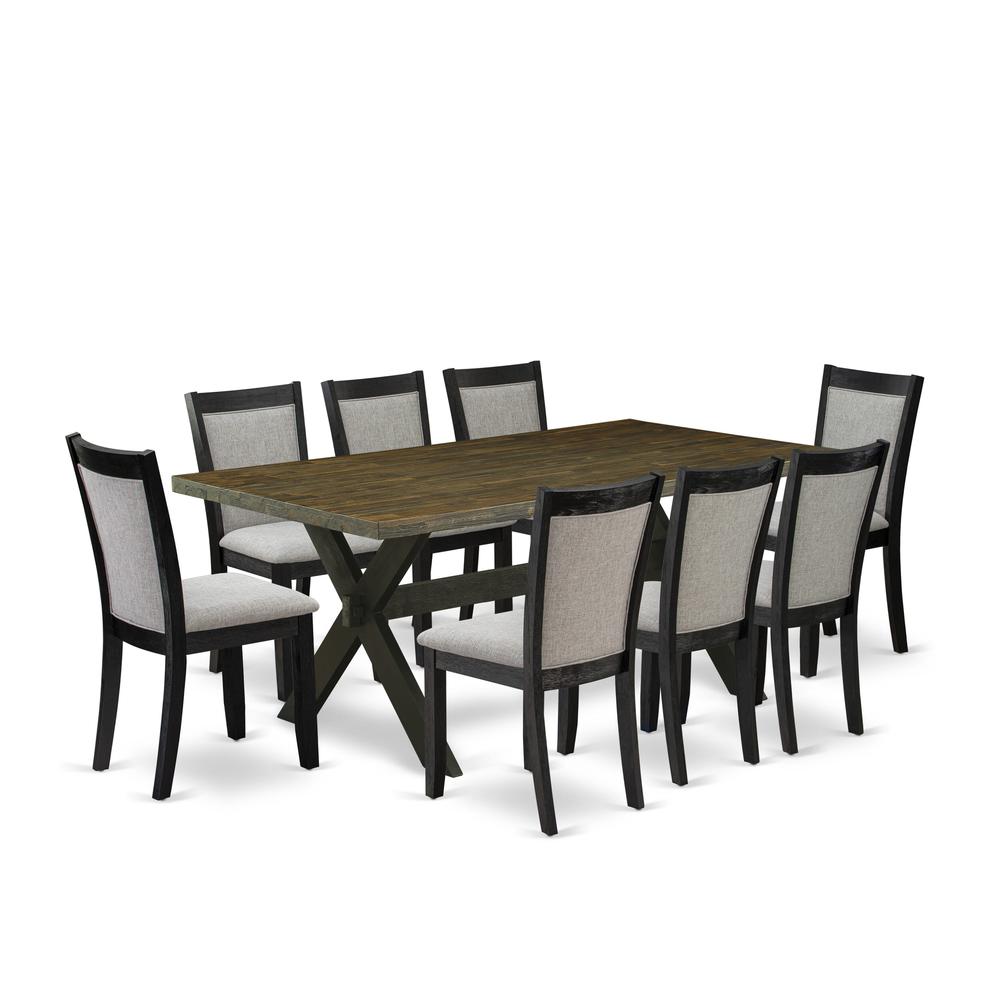 East West Furniture 9 Piece Dinette Set - A Distressed Jacobean Top Mid Century Dining Table with Trestle Base and 8 Shitake Linen Fabric Dining Room Chairs - Wire Brushed Black Finish. Picture 2