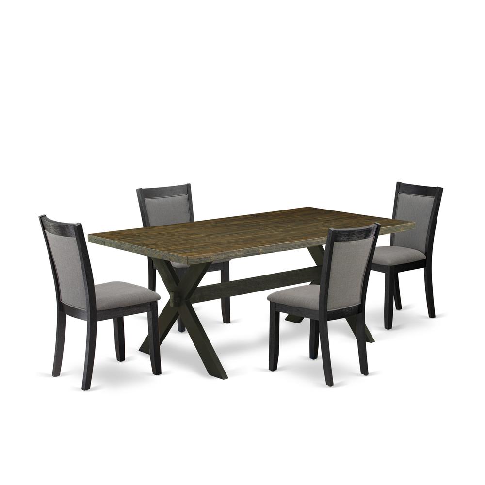 East West Furniture 5 Piece Dining Set - Distressed Jacobean Top Dining Table with Trestle Base and 4 Dark Gotham Grey Linen Fabric Upholstered Dining Chairs - Wire Brushed Black Finish. Picture 2