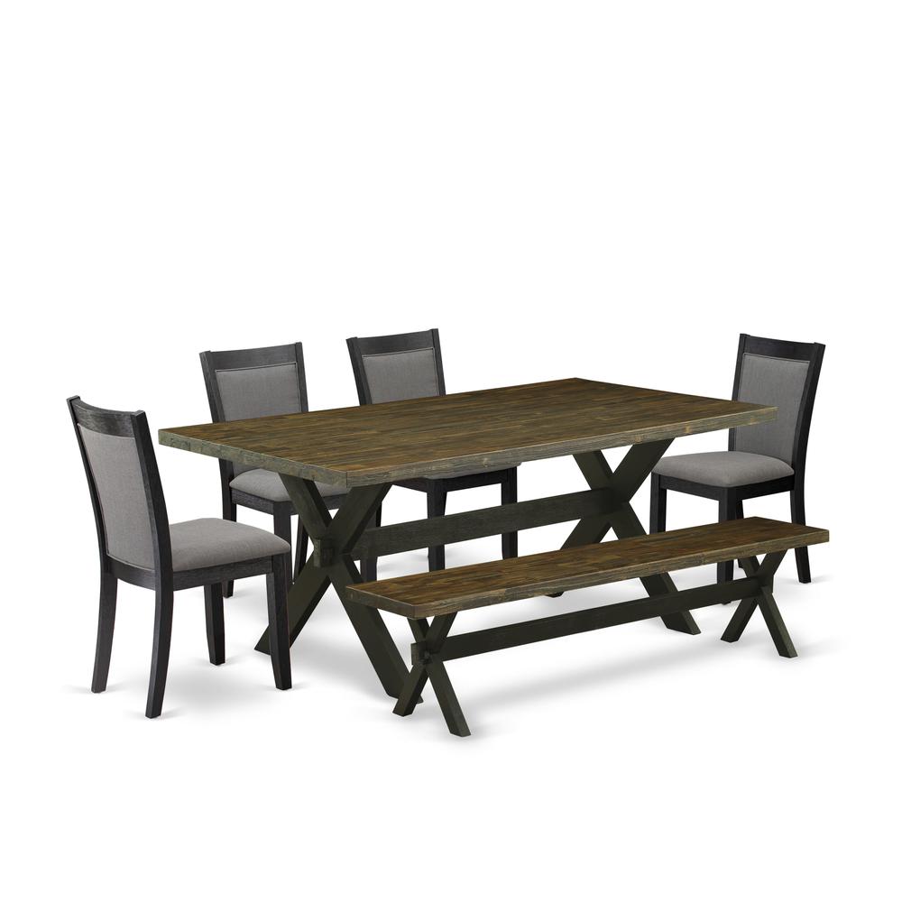 East West Furniture 6 Pc Dining Set - Distressed Jacobean Top Dinning Table with a Rustic Bench and 4 Dark Gotham Grey Linen Fabric Upholstered Chairs - Wire Brushed Black Finish. Picture 2
