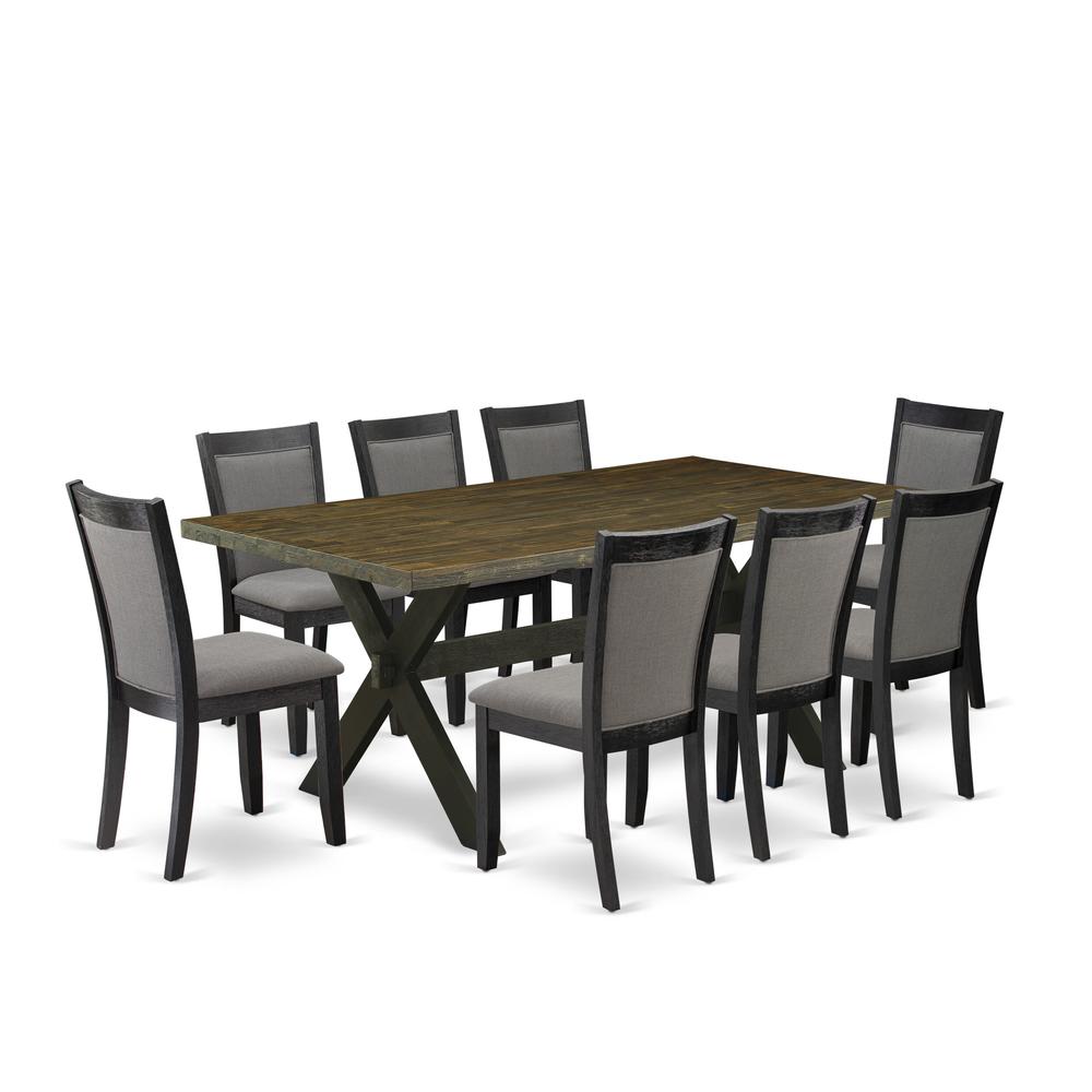 East West Furniture 9 Piece Dinette Set - A Distressed Jacobean Top Dining Table with Trestle Base and 8 Dark Gotham Grey Linen Fabric Dinning Chairs - Wire Brushed Black Finish. Picture 2