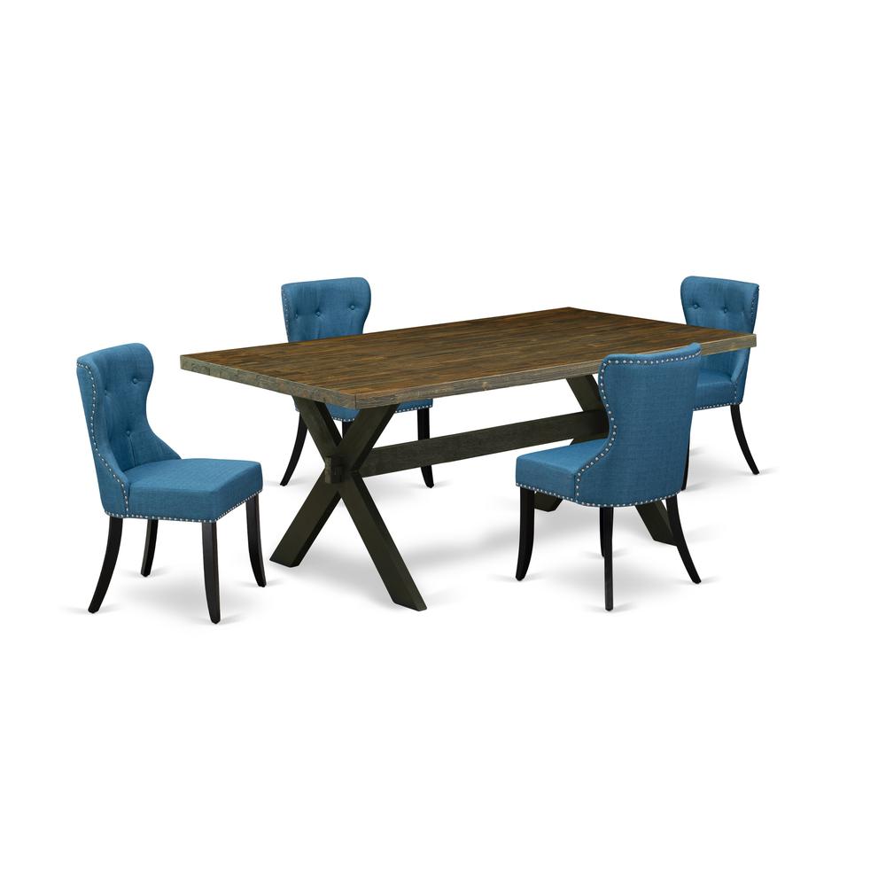 East West Furniture X677SI121-5 5-Piece Dinette Room Set- 4 Upholstered Dining Chairs with Blue Linen Fabric Seat and Button Tufted Chair Back - Rectangular Table Top & Wooden Cross Legs - Distressed. Picture 1