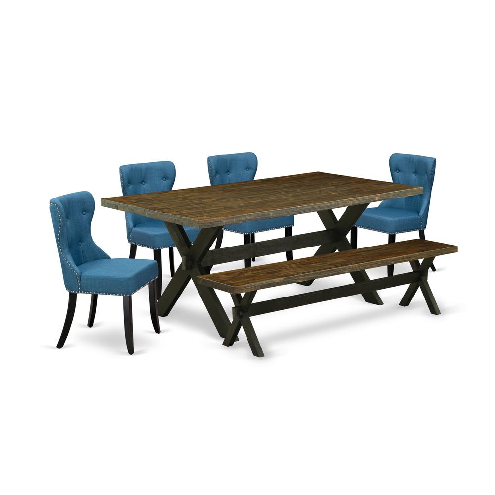 East West Furniture X677SI121-6 6-Piece Modern Dining Set- 4 Parson Dining Room Chairs with Blue Linen Fabric Seat and Button Tufted Chair Back - Rectangular Top & Wooden Cross Legs Kitchen Table and. Picture 1