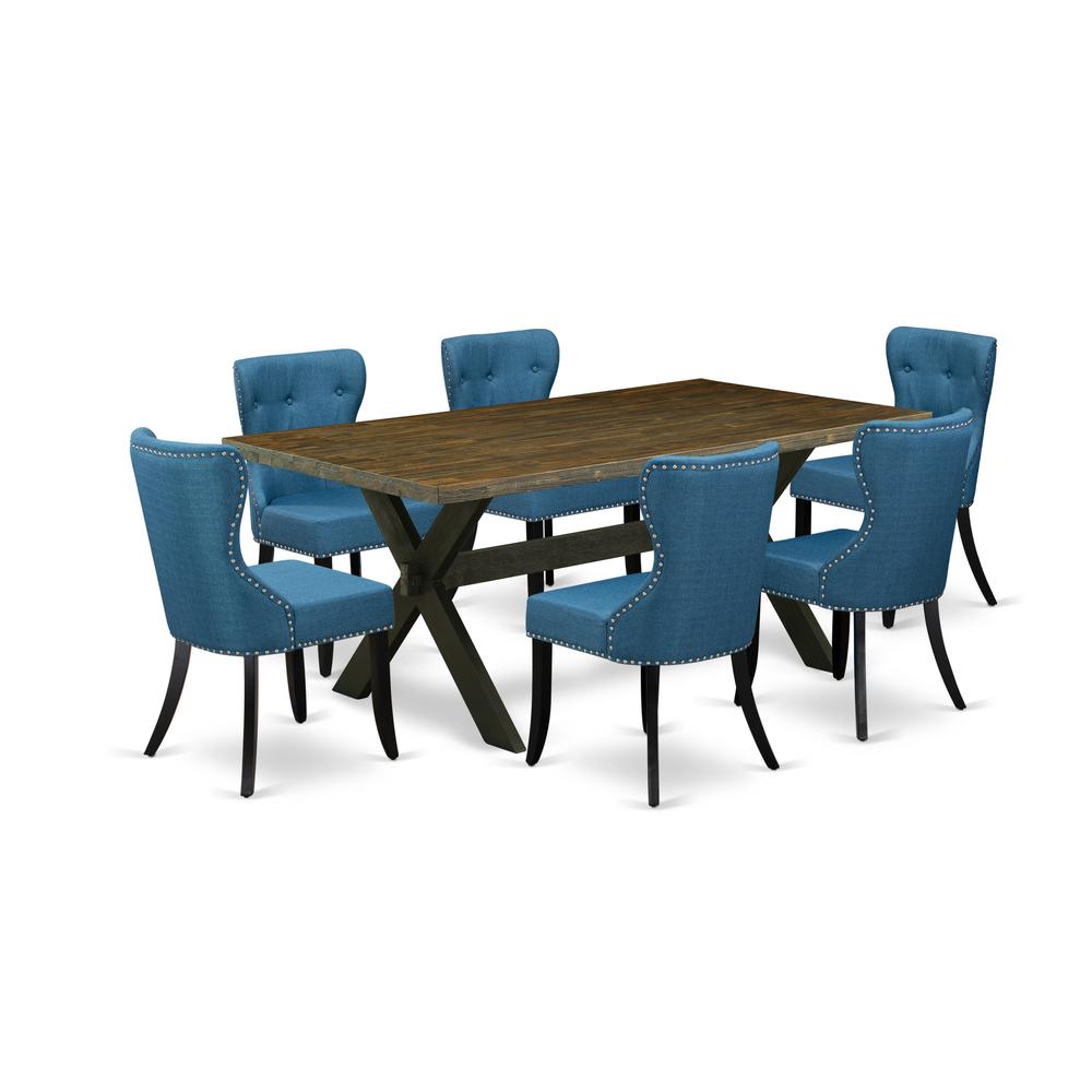 East West Furniture X677SI121-7 7-Piece Dinette Set- 6 Parson Dining Room Chairs with Blue Linen Fabric Seat and Button Tufted Chair Back - Rectangular Table Top & Wooden Cross Legs - Distressed Jacob. Picture 1