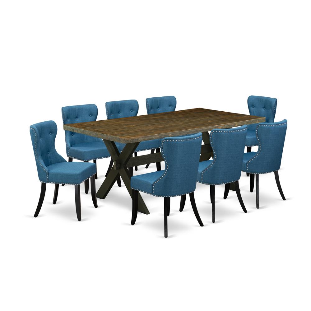 East West Furniture X677SI121-9 9-Pc Dining Room Set- 8 Dining Padded Chairs with Blue Linen Fabric Seat and Button Tufted Chair Back - Rectangular Table Top & Wooden Cross Legs - Distressed Jacobean. Picture 1