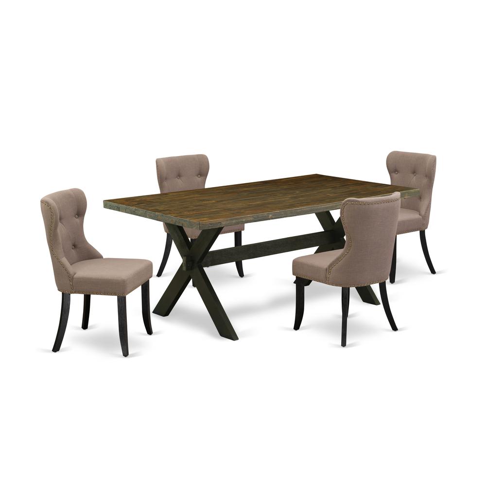 East West Furniture X677SI648-5 5-Pc Dining Table Set- 4 Dining Padded Chairs with Coffee Linen Fabric Seat and Button Tufted Chair Back - Rectangular Table Top & Wooden Cross Legs - Distressed Jacobe. Picture 1