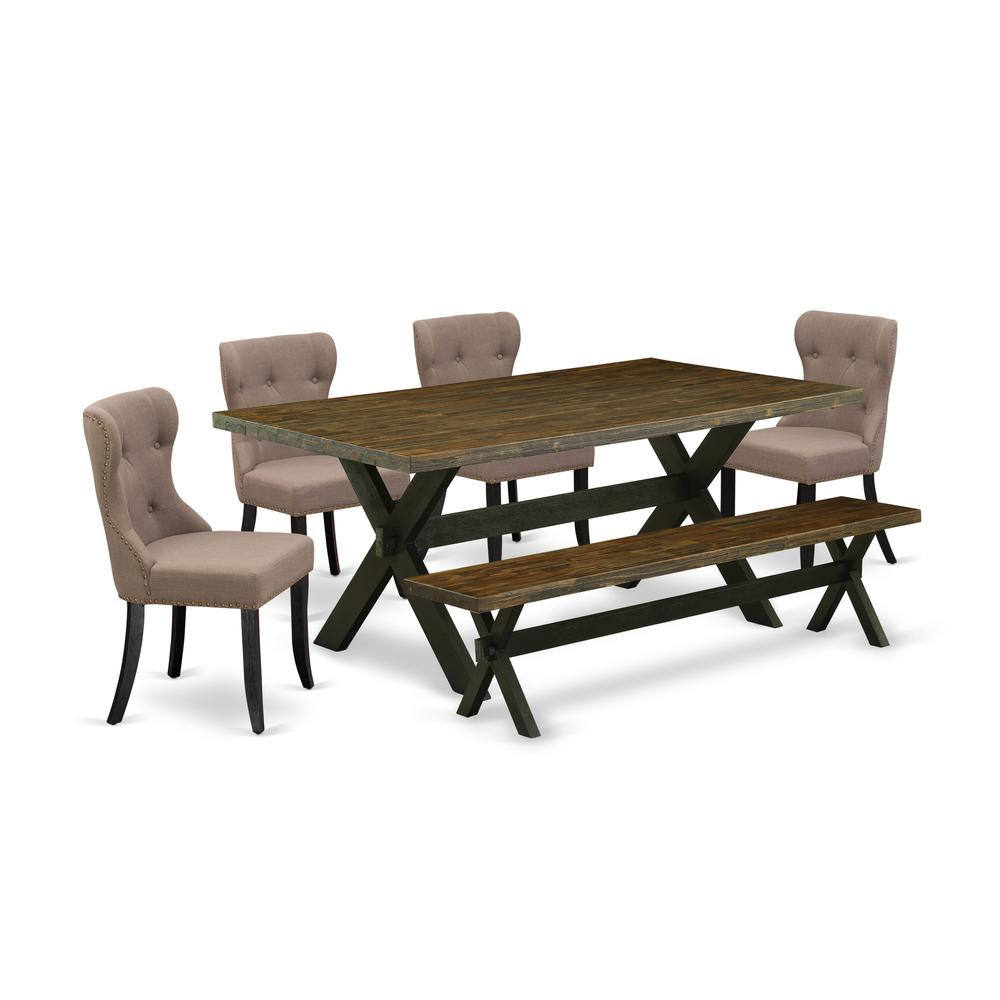 East West Furniture X677SI648-6 6-Pc Dining Table Set- 4 Parson Dining Chairs with Coffee Linen Fabric Seat and Button Tufted Chair Back - Rectangular Top & Wooden Cross Legs dining table and Dining B. Picture 1