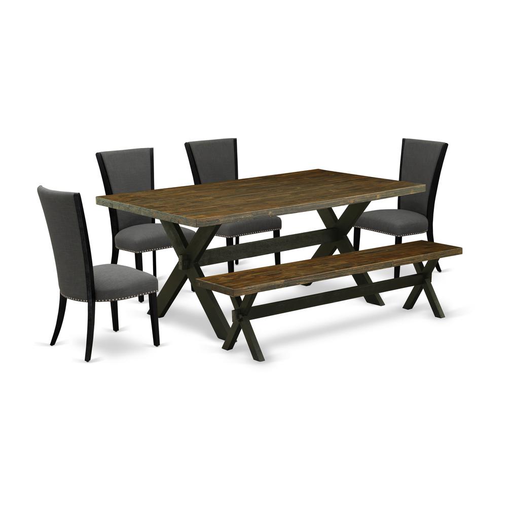 East West Furniture X677VE650-6 6 Piece Dining Set - 4 Dark Gotham Grey Linen Fabric Dining Room Chairs with Nailheads and Distressed Jacobean Dinner Table - 1 Wood Bench - Black Finish. Picture 1