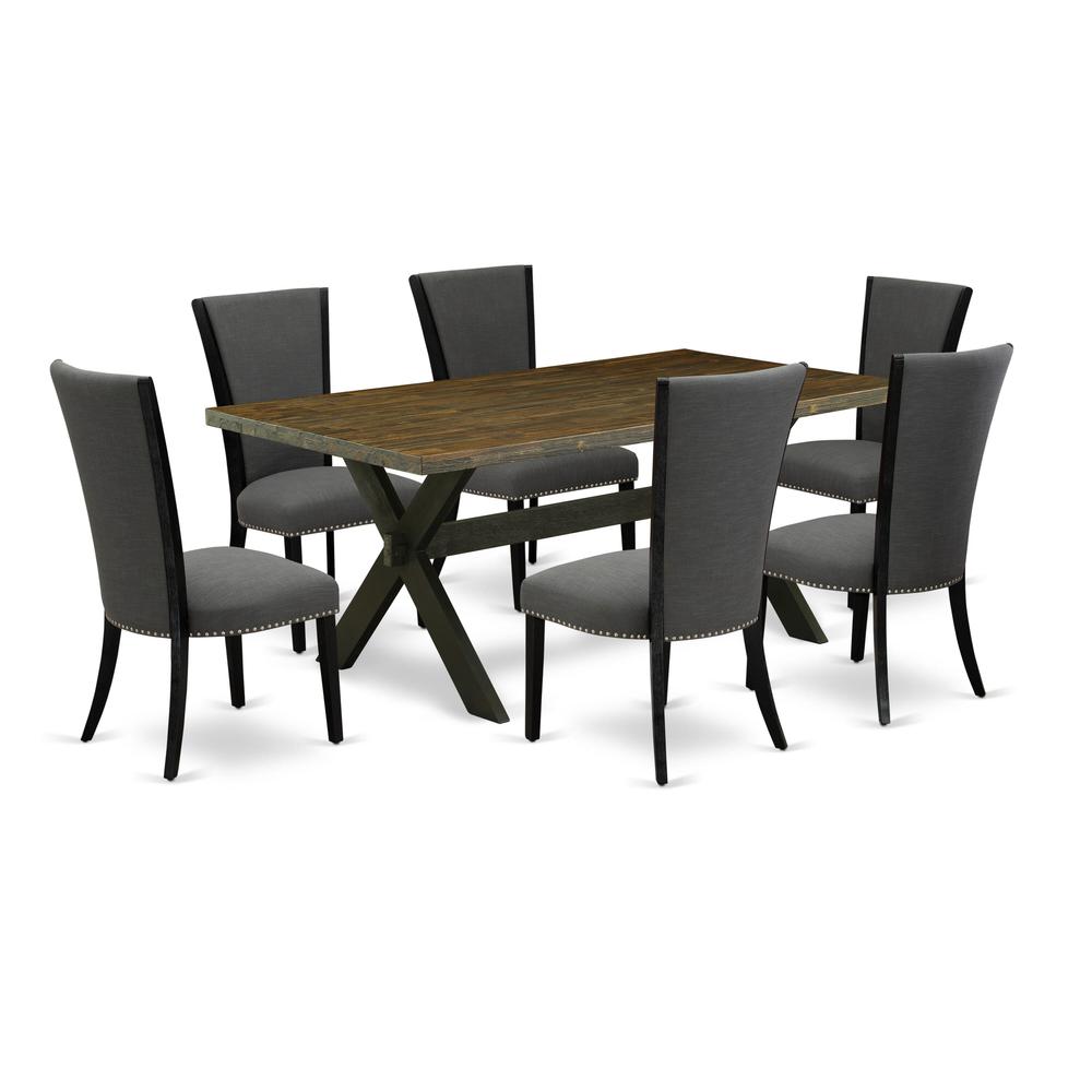 East West Furniture 7 Pc Dining Set Contains a Distressed Jacobean Modern Dining Table and 6 Dark Gotham Grey Linen Fabric Parson Dining Chairs with High Back - Wire Brushed Black Finish. Picture 2
