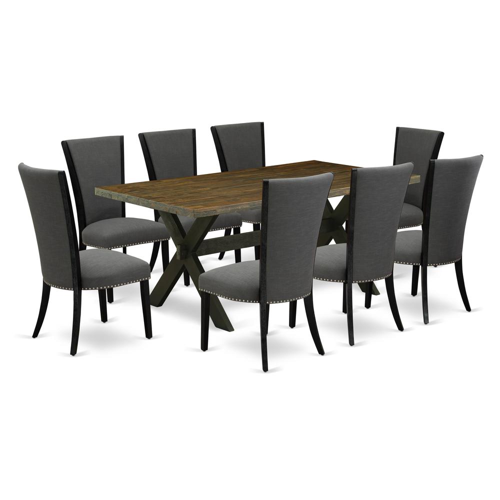 East West Furniture X677VE650-9 9Pc Kitchen Table Sets Consists of a Rectangle Table and 8 Parsons Dining Room Chairs with Dark Gotham Grey Color Linen Fabric, Medium Size Table with Full Back Chairs,. Picture 1