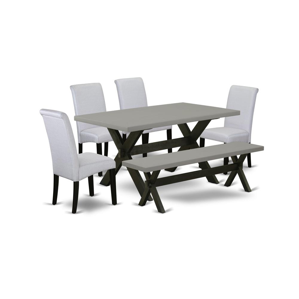 East West Furniture 6 Pc Dinner Table Set Consists of a Cement Dining Table and a Dinning Bench, 4 Grey Linen Fabric Upholstered Dining Chairs with High Back - Wire Brushed Black Finish. Picture 1