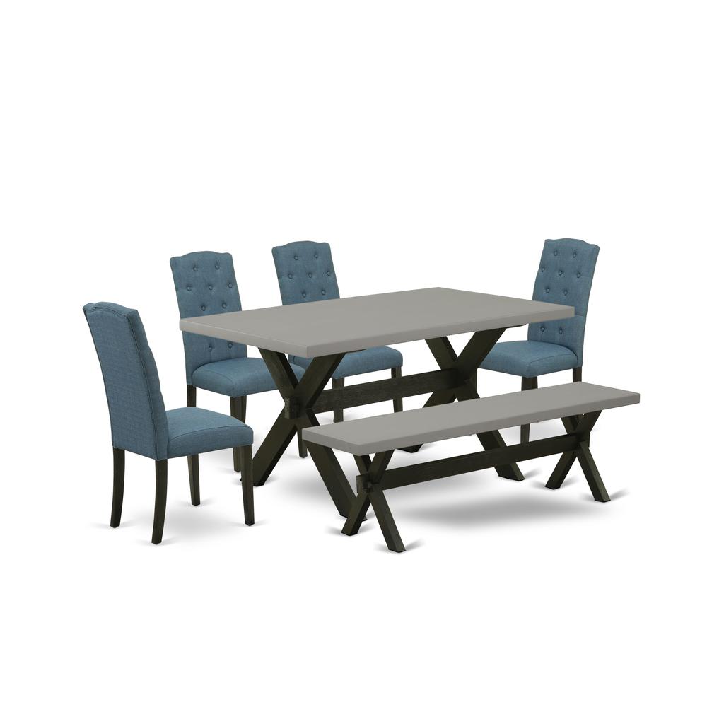 East West Furniture 6 Piece Table Set Includes a Cement Wooden Dining Table and a Dining Room Bench, 4 Blue Linen Fabric Dining Chairs with Button Tufted Back - Wire Brushed Black Finish. Picture 2