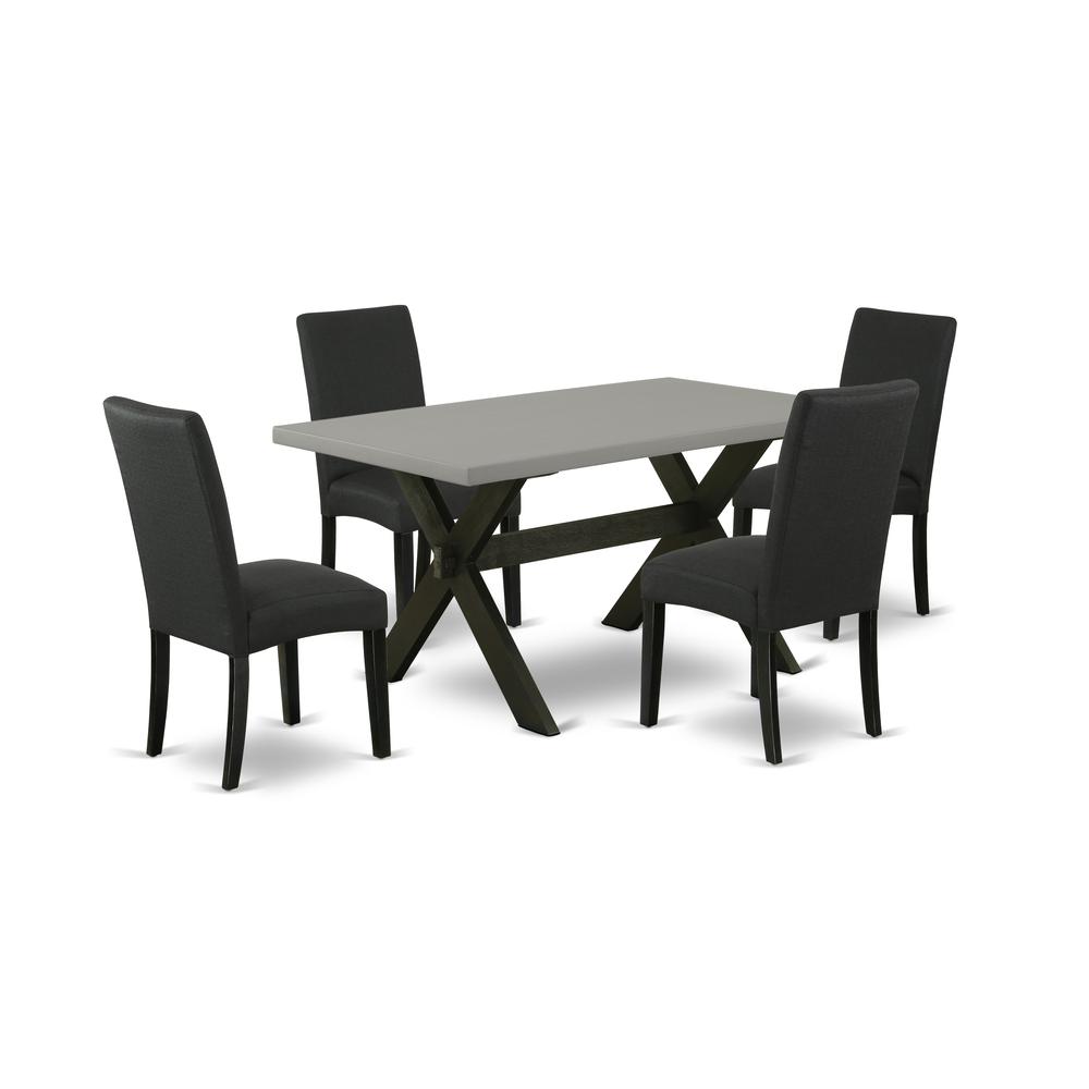 East West Furniture 5-Piece Dining Room Set- 4 Upholstered Dining Chairs with Black Linen Fabric Seat and Stylish Chair Back - Rectangular Table Top & Wooden Cross Legs - Cement and Black Finish. Picture 1