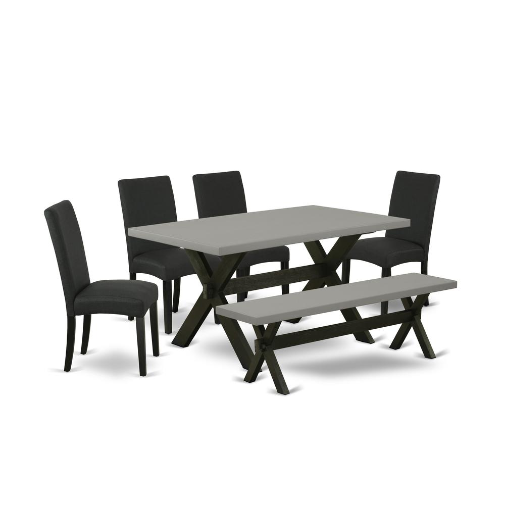 East West Furniture 6-Pc Modern Dining Set- 4 Mid Century Dining Chairs with Black Linen Fabric Seat and Stylish Chair Back - Rectangular Top & Wooden Cross Legs Wood Kitchen Table and Bench - Cement. The main picture.