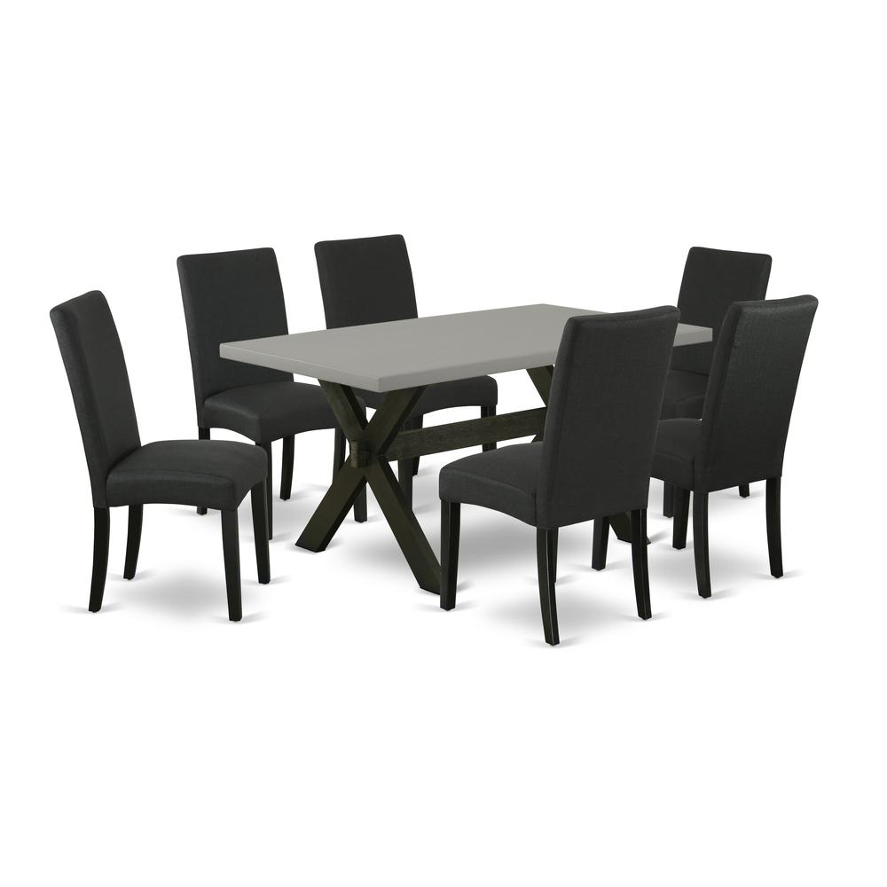 East West Furniture 7-Piece Modern Dining Set- 6 Upholstered Dining Chairs with Black Linen Fabric Seat and Stylish Chair Back - Rectangular Table Top & Wooden Cross Legs - Cement and Black Finish. Picture 1