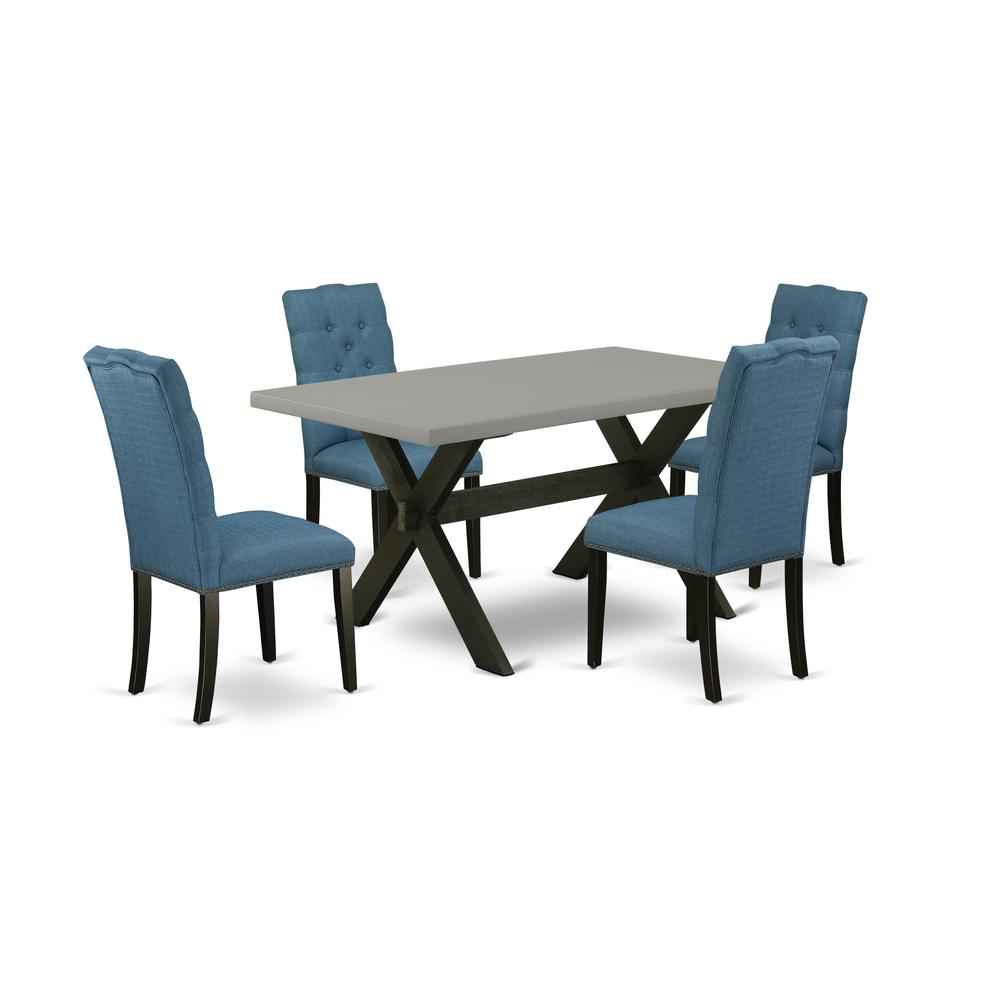 East West Furniture 5-Piece Beautiful Dining Room Table Set a Great Cement Color Modern Dining Table Top and 4 Beautiful Linen Fabric Kitchen Chairs with Nail Heads and Button Tufted Chair Back, Wire. Picture 1