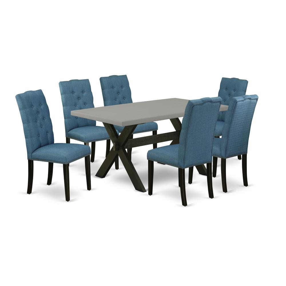 East West Furniture 7-Piece Gorgeous a Superb Cement Color Modern Dining Table Top and 6 Beautiful Linen Fabric Dining Room Chairs with Nail Heads and Button Tufted Chair Back, Wire Brushed Black Fini. The main picture.