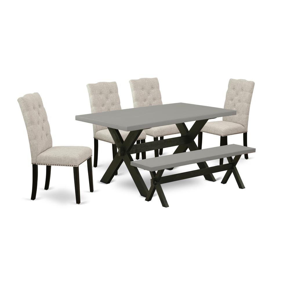 East West Furniture 6-Pc Wood Dining Table Set-Doeskin Linen Fabric Seat and Button Tufted Chair Back Kitchen chairs, A Rectangular Bench and Rectangular Top dining table with Solid Wood Legs - Cement. Picture 1