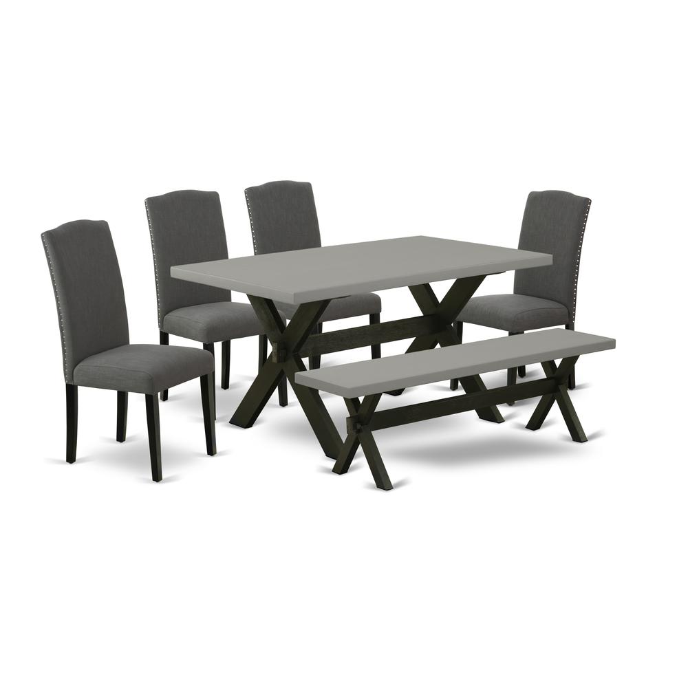 East West Furniture X696EN120-6 6-Pc Dining Table Set - 4 Dining Chairs, a Modern Bench Cement Top and 1 Modern Cement Dining Table Top - Wire Brushed Black Finish. Picture 1