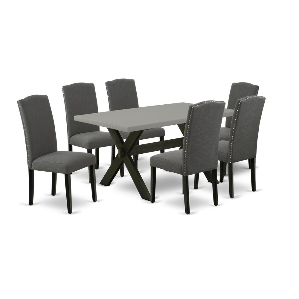 East West Furniture X696EN120-7 7-Pc Dining Room Set - 6 Upholstered Dining Chairs and 1 Modern Rectangular Cement Kitchen Table Top with High stylish Chair Back – Wire Brushed Black Finish. Picture 1