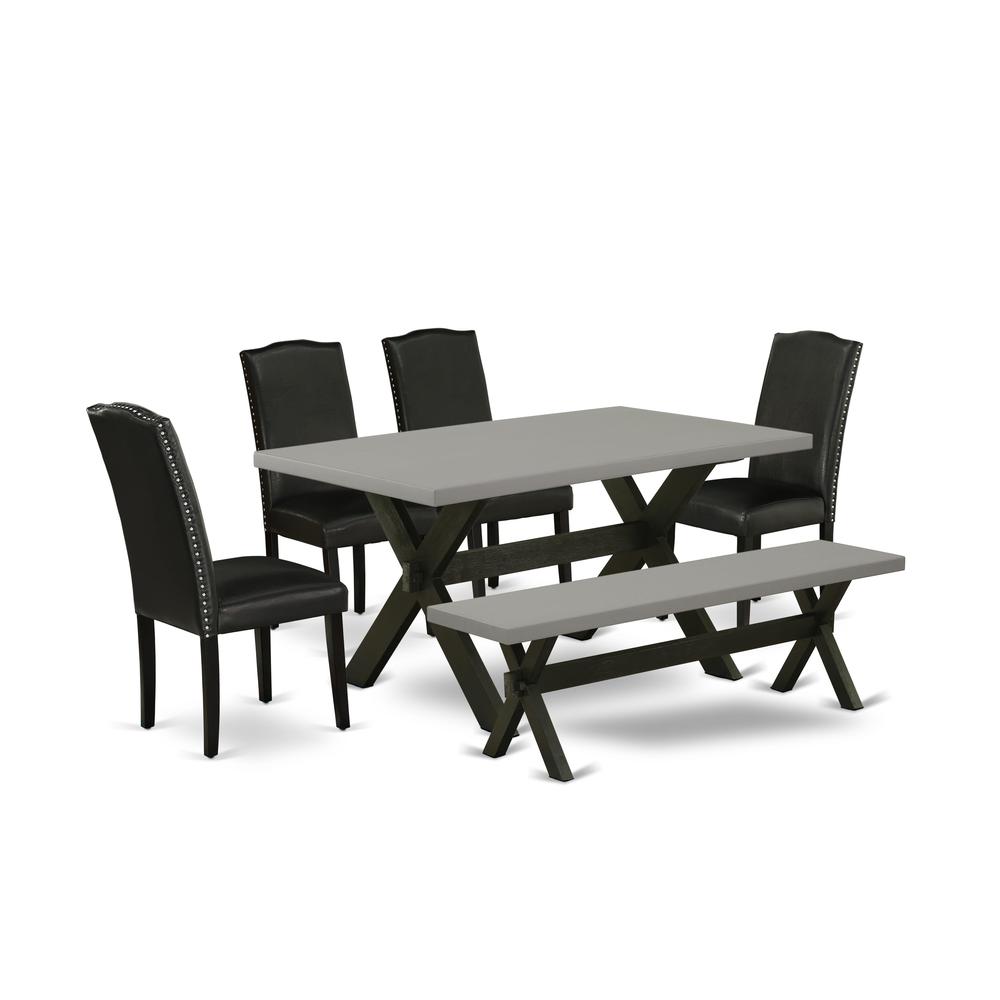 East West Furniture 6 Pc Dining Room Table Set Includes a Cement Wooden Dining Table and a Modern Bench, 4 Black PU Leather Parson Chairs with High Back - Wire Brushed Black Finish. Picture 2
