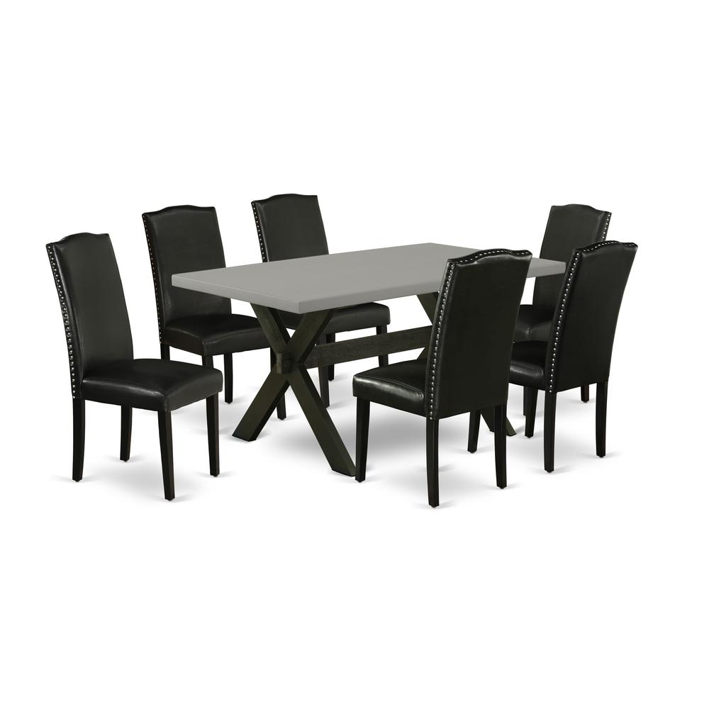 East West Furniture X696EN169-7 7-Pc Dining Room Table Set - 6 Parson Dining Chairs and 1 Modern Cement Kitchen Dining Table Top with High Stylish Chair Back – Wire Brushed Black Finish. Picture 1