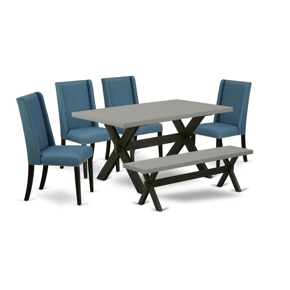 East West Furniture 6-Pc Dining room Table Set-Mineral Blue Linen Fabric Seat and High Stylish Chair Back Kitchen chairs, A Rectangular Bench and Rectangular Top Dining Table with Solid Wood Legs - Ce. Picture 1
