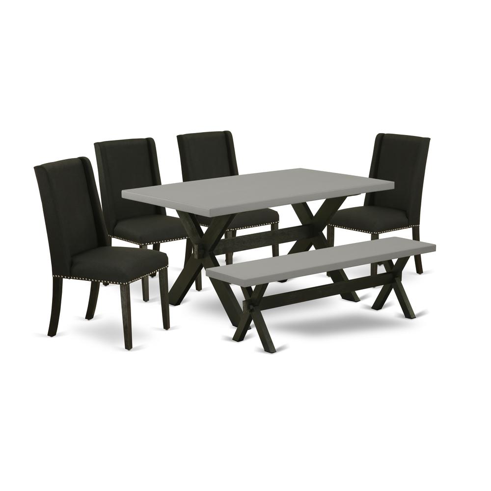 East West Furniture 6-Pc Dining Table Set-Black Linen Fabric Seat and Button Tufted Chair Back Kitchen chairs, A Rectangular Bench and Rectangular Top dining room table with Wooden Legs - Cement and W. Picture 1