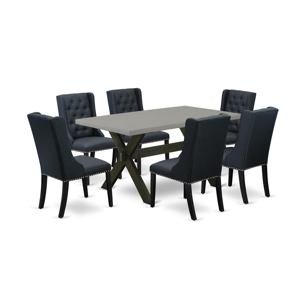 East West Furniture X696FO624-7 7 Pc Dining Set Includes 6 Black Linen Fabric Dining Room Chairs Button Tufted with Nail heads and Dining Room Table - Wire Brush Black Finish. Picture 1