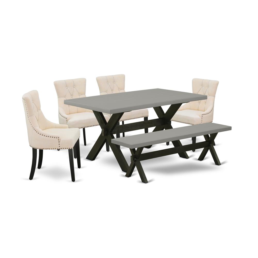 East West Furniture X696FR102-6 6-Pc Dining Table Set - 4 Dining Chairs, a Dining Table Bench Cement Top and 1 Modern Cement Dining Table Top - Wire Brushed Black Finish. Picture 1