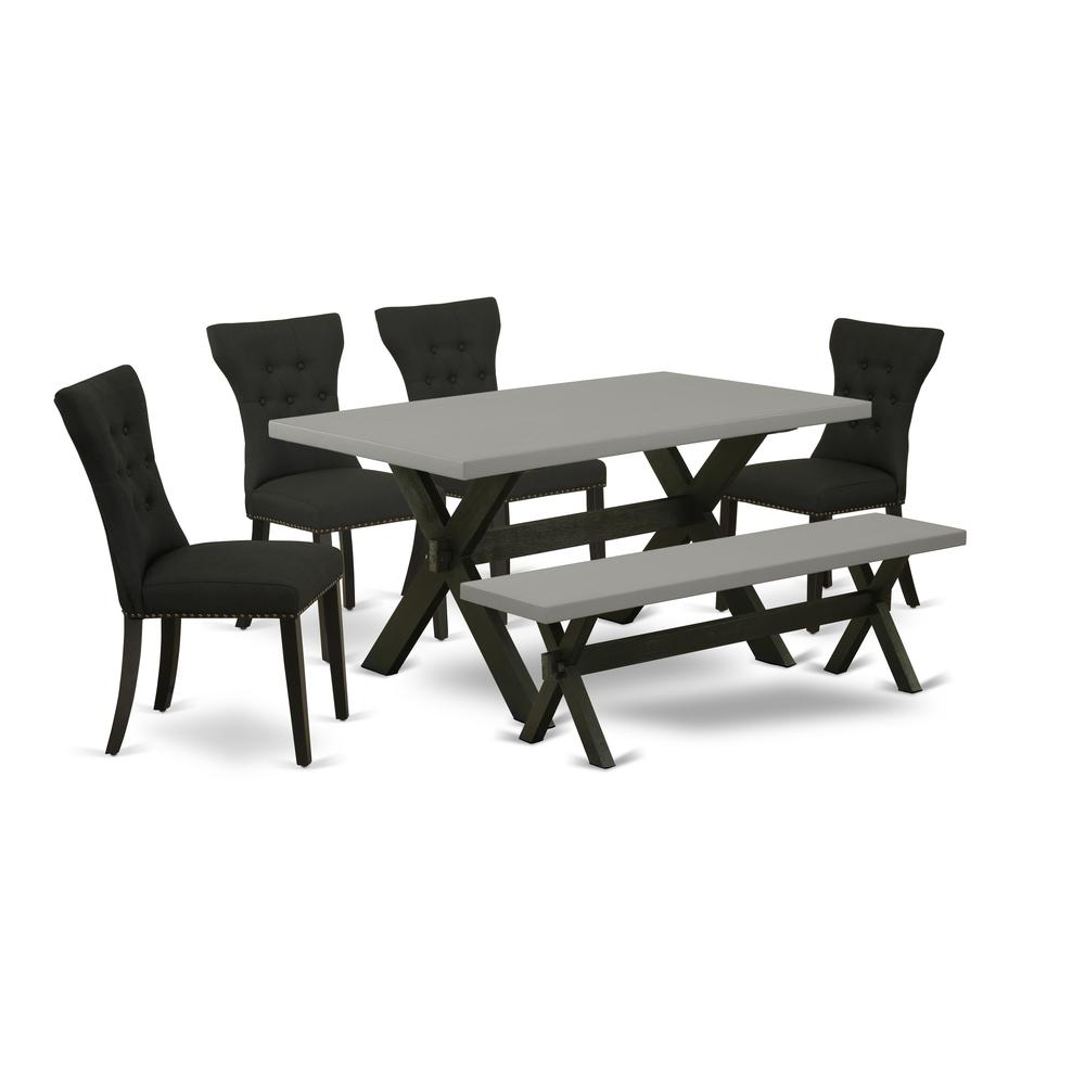 East West Furniture X696GA124-6 6-Pc Dining Table Set - 4 Dining Chairs, a Dining Bench Cement Top and 1 Modern Cement Dining Table Top - Wire Brushed Black Finish. Picture 1